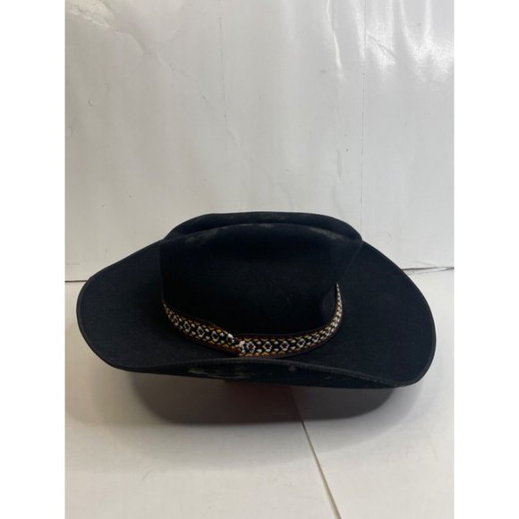 Three Points Western Store Men 7 1/8 Wool Fedora Hat Black Aztec Ribbon - Picture 3 of 8